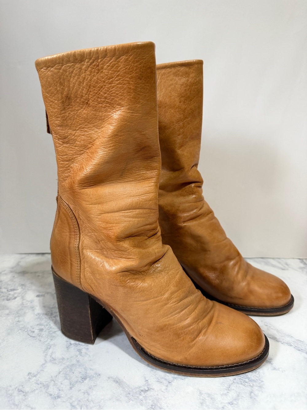 Free People Elle tan brown heeled boots leather slouchy Bootie size 8 - Picture 2 of 11